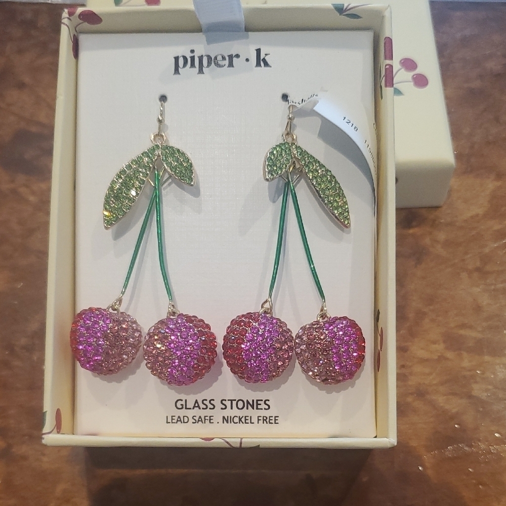 Piper K Vibrant Pink and Green Sparkle Cherry Earrings